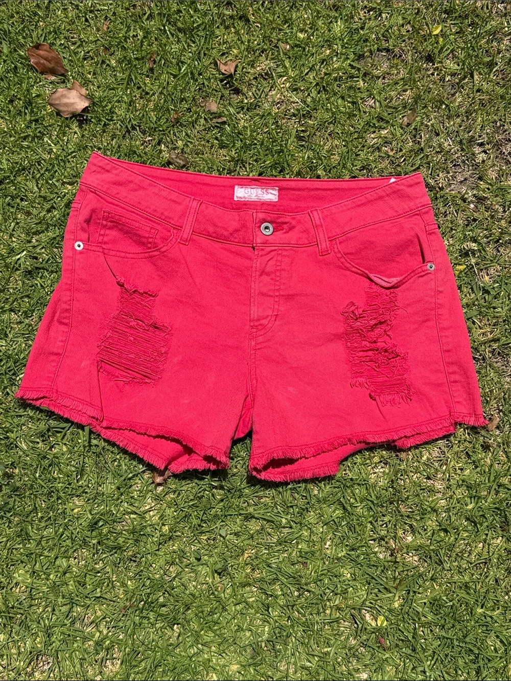 Guess Cotton Denim Red Distressed Short Y2K Summer Vintage Dyed size 32
